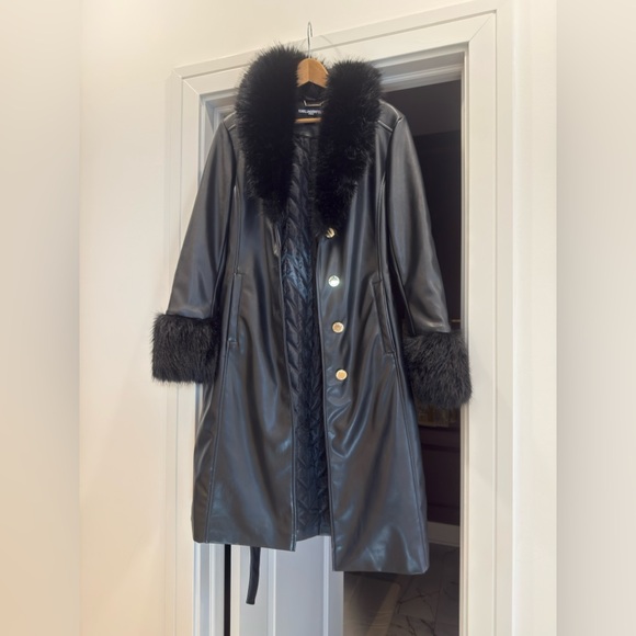 Black Faux Fur Trim Leather Coat size small - Picture 6 of 7